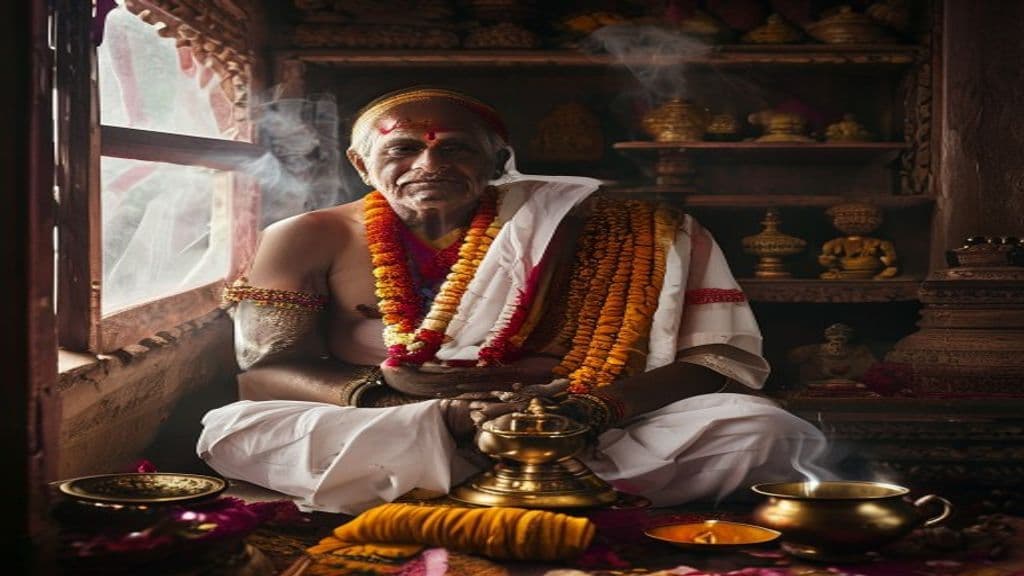 Hindu pandit performing a traditional puja ceremony